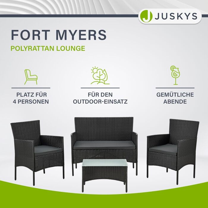 Стовідсотково розкішний комплект меблів для саду та балкону Juskys Fort Myers: 2-місний диван, 2 крісла, стіл, подушки. Чорний/кремовий, стійкий до погодних умов