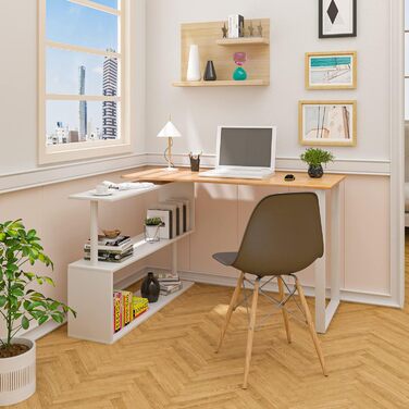 Кутовий комп'ютерний стіл WOLTU TS65hei, 120x100x74 см, світлий дуб, МДФ, з полицями для офісу, письмовий стіл для ноутбука та ПК
