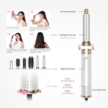 Atopskins Airbrush Haarstyler 5-в-1: Фен-щітка, стайлер для волосся, випрямляч, плойка, об'ємний фен (біло-сірий)