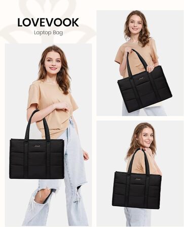 Сумка для ноутбука LOVEVOOK для жінок, велика, шопер, сумка-пуфер, робоча/офісна сумка, тоут, жіночі сумки, сумка для навчання, шкільна сумка, сумка через плече для університету, бізнесу, школи, сіро-зелений колір (17 дюймів, чорний)