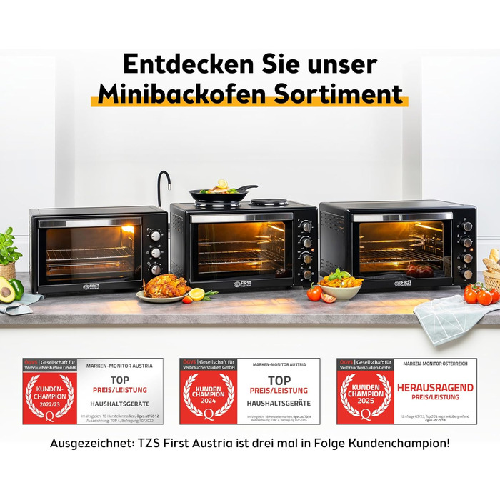 Міні-піч First Austria Digital 45L 2000W Premium-X з рожном та таймером - електропіч для кухні та кемпінгу