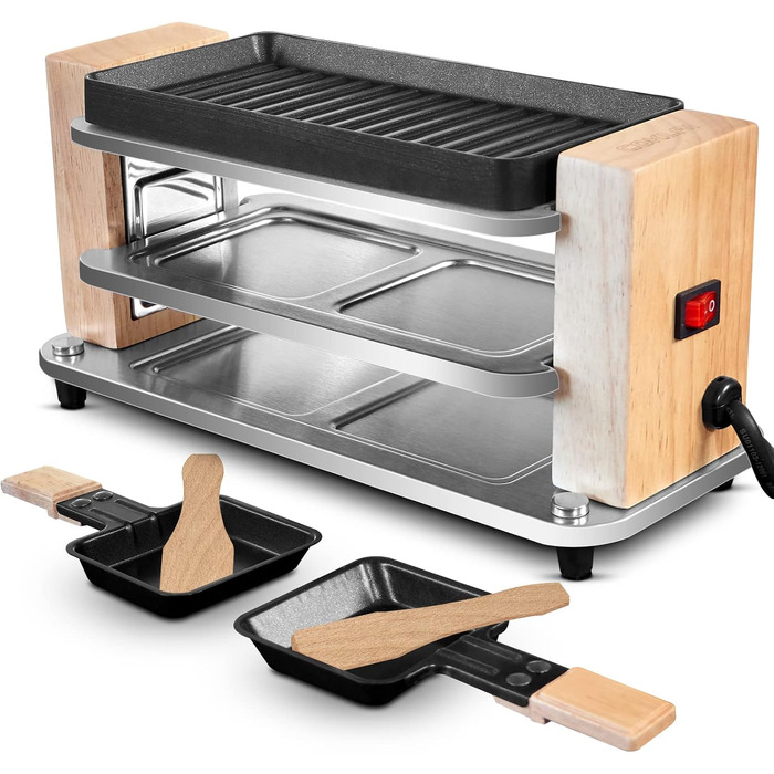 Расетіль Raclette Grill з антипригарною решіткою (2 особи) 550W, 4 пательні та дерев'яний шпатель