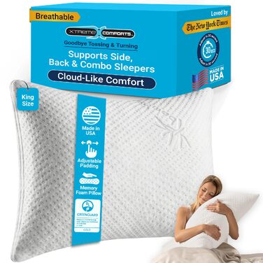 Подушка Xtreme Comforts з бамбуковим пінополіуретаном з ефектом пам'яті, King Size, гіпоалергенна, регульована висота, для сну на спині, боці та животі, США