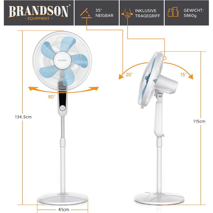 Підлоговий вентилятор Brandson DC Silent з дистанційним керуванням, LED-дисплеєм, 24 швидкостями, тихий, енергоощадний, регульована висота, нахил голови, 80° осциляція, білий