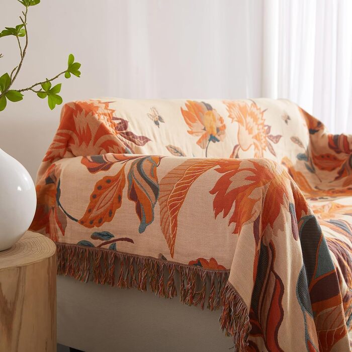 Богемна ковдра Boho Decke з 100% бавовни – двостороння муслінова ковдра 150x200 см, м'яка пледова ковдра та покривало для ліжка, естетичний дизайн, ідеально підходить для вітальні та спальні, помаранчево-зелена (230 x 275 см)