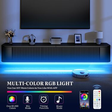 Підвісна тумба під телевізор YITAHOME 140 см з RGB підсвіткою, чорна. Настінна поличка для ТБ з великим об'ємом для вітальні та спальні (180x25x20 см)