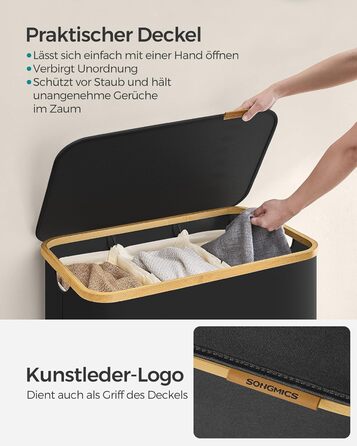 Кошик для білизни SONGMICS з кришкою, 3 секції, 150 л, складаний, знімний мішок, оксфордська тканина, бамбукові ручки, чорний, 60x38,5x70,5 см