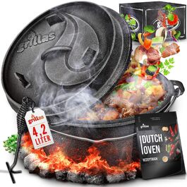 Набір чавунного казана Dutch Oven з ніжками та кришкою, попередньо запечений (preseasoned), 4.2 л — універсальний казан-бразір для вогню та духовки