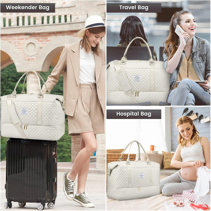 Спортивна сумка LOVEVOOK для жінок: велика дорожня сумка-мішок, weekender, з косметичкою, відділенням для взуття, водонепроникна, для подорожей, спортзалу, кемпінгу (M-3шт, Бежевий)