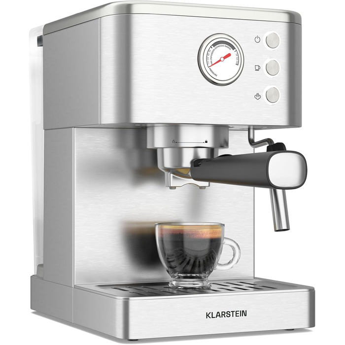 Klarstein SteelPresso Touch – кавомашина еспресо, 1350 Вт, нержавіюча сталь, 1,5 л, сенсорне управління, вбудований капучинатор, компактний дизайн