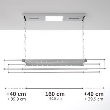 Електричний сушарка для білизни та ковдр Foxydry Pro 160 см, алюмінієва, з дистанційним керуванням, підігрівом повітря та LED-підсвіткою, сіро-срібляста