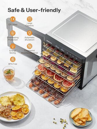 Професійний дегідратор для продуктів харчування з нержавіючої сталі, 1000W, 9 решіток, LCD-дисплей, 35-75°C, таймер 30 хв - 48 год