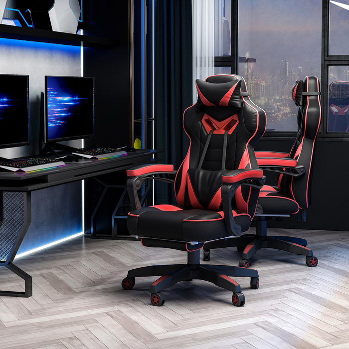 Ергономічне ігрове крісло з регульованою підніжкою та спинкою, обшите піною та екошкірою, з металевим каркасом. Чорно-червоний колір. Розміри: 65 x 70 x 118,5-128,5 см.