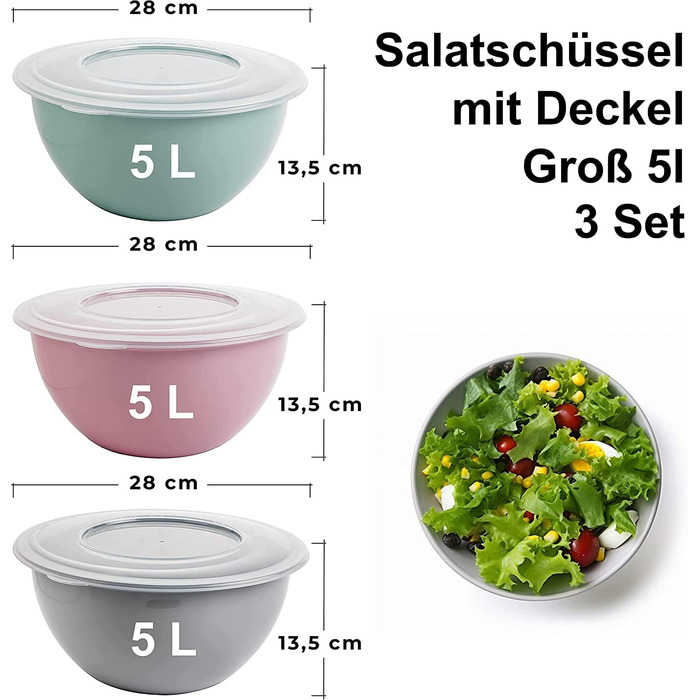 Набір салатниць з кришками 5л, 3 шт, BPA-free пластик, світло-сірий, пастельно-рожевий, пастельно-зелений, прозорі кришки, Ø28 см, Made in EU, модель Kai