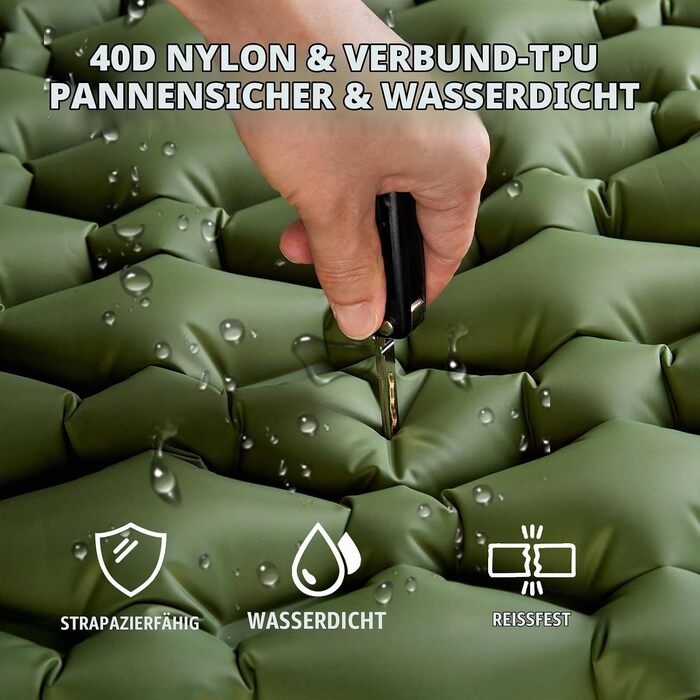 Самонадувний кемпінговий килимок AKSOUL Outdoor: ультралегкий термо-матрац для намету та трекінгу з подушкою, 10 см, армійний зелений