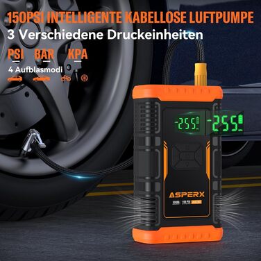 Бустерний пускач ASPERX 3000A з компресором 150 PSI, Powerbank для авто та мотоциклів 12V (до 10л бензин / 8л дизель), з LED-ліхтарем, чорно-помаранчевий