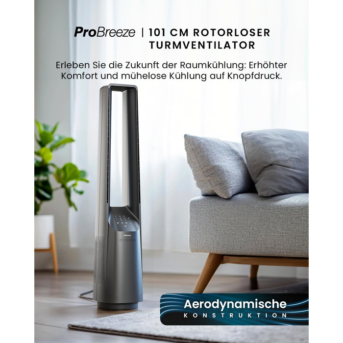 Pro Breeze Tower Fan 101 см без лопатей - вентилятор з LED дисплеєм, 6 швидкостей, 5 режимів, автоколивання 60°, таймер 7 годин (пульт, срібний)
