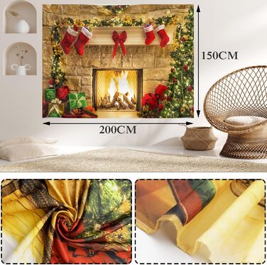 Гобелен новорічний 200x150 см з каміном, ялинкою і червоними шкарпетками, настінний декор для вітальні, спальні, гуртожитку
