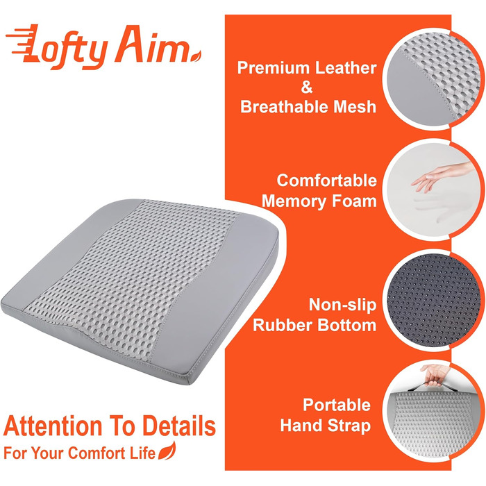 Автомобільна подушка Lofty Aim з піни Memory Foam для водія: підтримка спини, зняття болю при ішіасі, для автокрісла, офісного крісла, візка (сіра, PU-шкіра, 4D Mesh)