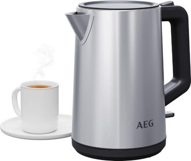 Електрочайник AEG K4-1-4ST, 1,7 л, нержавійка, індикатор рівня води, захист від крапель, знімний фільтр від накипу, потрійний захист, управління однією рукою