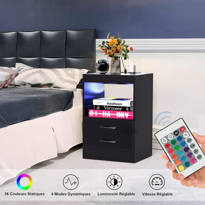 Прикроватна тумба Lvhecforhm з LED-підсвіткою, USB та розетками, чорна, з висувною шухлядою і відкритими полицями, 40x35x60 см
