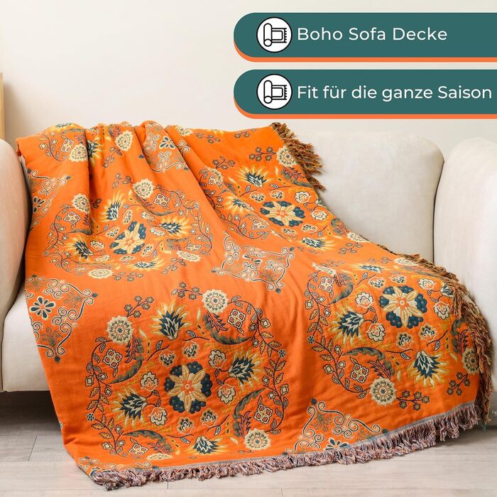 HOORDRY плед з бавовни двосторонній Boho, покривало з китицями 230×250 см, м'яка тепла ковдра для дивану, ліжка чи крісла, зелено-оранжева