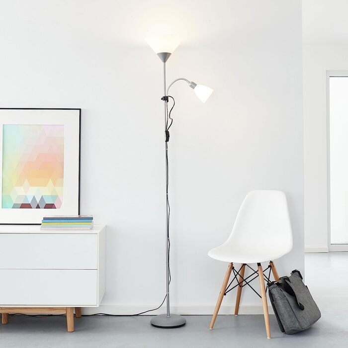 Світильник Lightbox LED торшер з читальним плафоном, тепле біле світло, метал/пластик, хром/сірий/білий, 1,8 м, лампи в комплекті та замінні, 806/400 лм, з кутовим вимикачем
