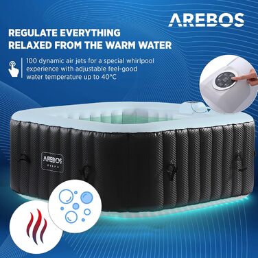 Надувний гідромасажний басейн-джакузі Arebos Whirlpool 154x154 см з LED-підсвіткою, підігрівом та 100 масажними форсунками на 4 особи, 600 л, з кришкою