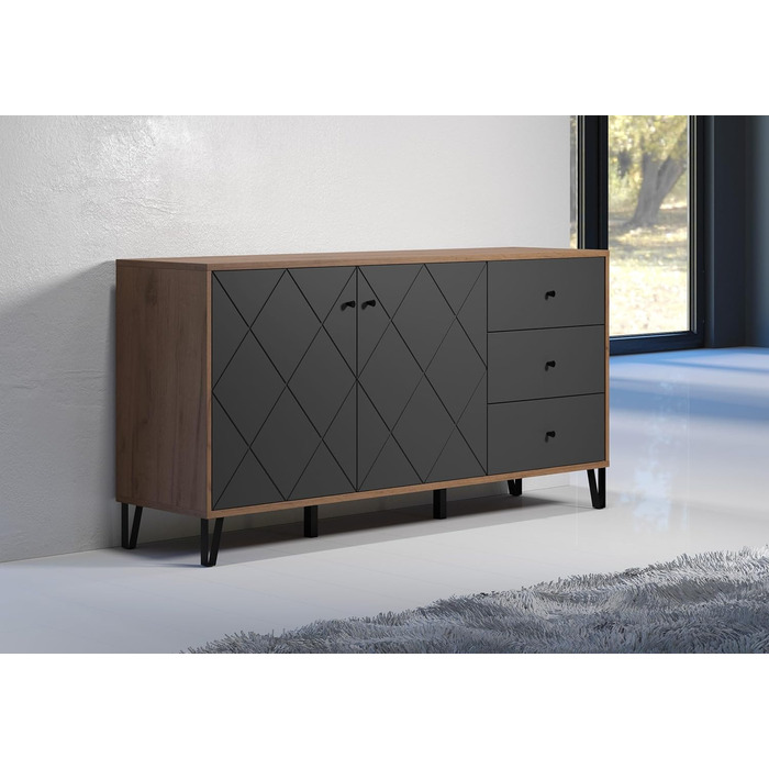 Сервант trendteam smart living Montez, сірий/дуб, 2 двері, 3 шухляди, фрезеровані фасади, металеві ніжки, 183x76x40 см