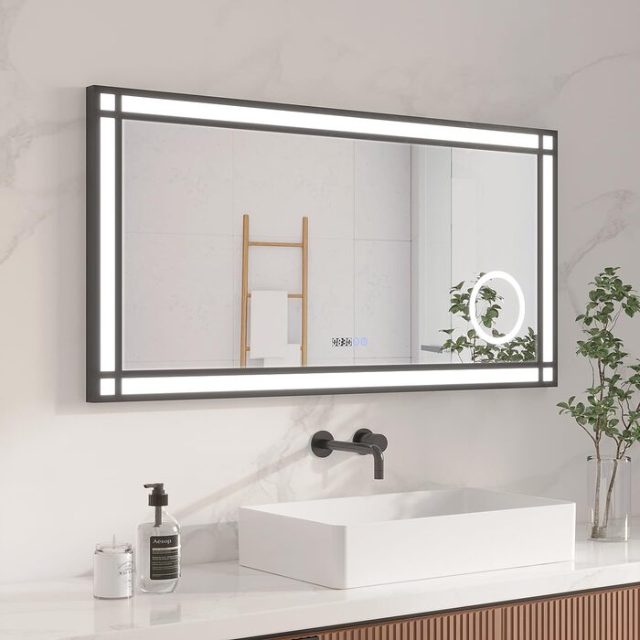 Дзеркало для ванної кімнати AQUABATOS LED з підсвічуванням 50x70 см, імітація вікна, сенсорне регулювання, протитуманне покриття, чорний алюмінієвий каркас, індустріальний стиль, холодний білий світлодіодний дзеркало