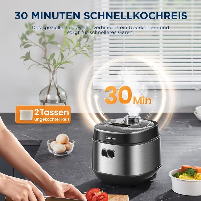 Мультиварка Midea Reiskocher 5 л: рис, суп, тушкування, повільне приготування, 11 програм, таймер, аксесуари, чорний/срібний
