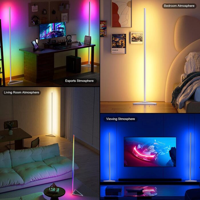 MIWATT LED торшер для вітальні 143 см, RGB, димер, керування пультом і додатком, 16 млн кольорів, музичний і DIY-режими, таймер, для спальні, ігрової кімнати, офісу, білого кольору