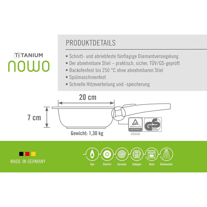 Сковорода Woll Nowo Titanium 20 см, антипригарна, високі борти, знімна ручка, для газу, електро, кераміки, не для індукції