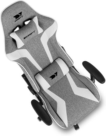 Ігрове крісло Drift DR90, тканинне, 2D підлокітники, підсилене нейлонове основання, клас 4 газліфт, нахил, подушки для попереку і шиї, сіре/біле