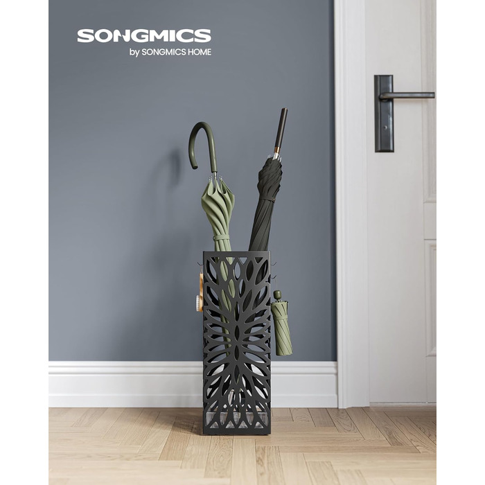 Підставка для парасольок SONGMICS, металева, квадратна, чорна, для передпокою, з піддоном для води та гачками, 15,5x15,5x41 см