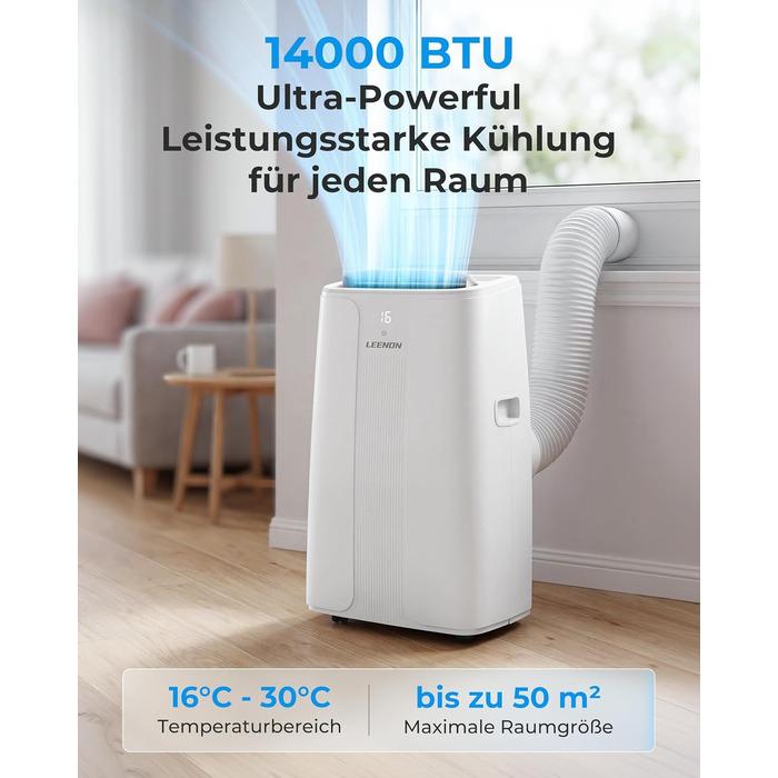 Мобільний кондиціонер LEENON 14000 BTU 4-в-1: охолодження, осушення, вентиляція, нічний режим. З пультом, таймером на 24 год, авто-свінгом, для приміщень до 50м² (білий)