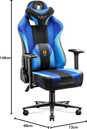Ігрове крісло Diablo X-Player Frost Black L, тканинне, ергономічне, 3D підлокітники, для офісу і комп'ютера, з подушками для шиї та попереку