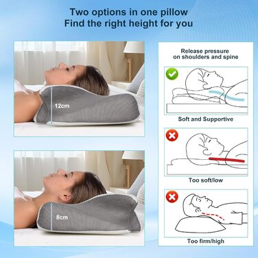 Ортопедична подушка Cozary для шиї з Memory Foam, 2 положення, для сну на боці та при болях у спині, сіра