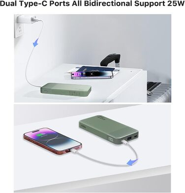 Power Bank NOBIS 10000mAh з цифровою індикацією, USB-C, швидка зарядка PD QC, 25W, зелений