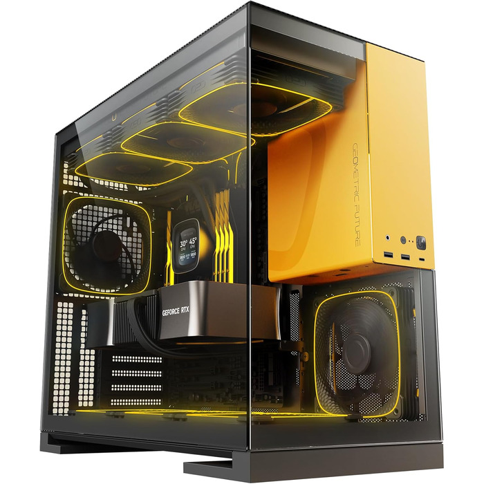 Корпус для ПК Geometric Future M5, загартоване скло, Mid Tower, E-ATX/ATX, 1.2мм сталь, ARGB вентилятори, Type-C, підтримка радіаторів 420/360 мм, чорний/жовтий