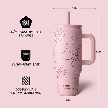 Термокружка з нержавіючої сталі 900мл з ручкою та трубочкою – BPA-free, подвійні стінки, без витоку – для подорожей, офісу, навчання, спорту та як подарунок (квітковий принт)