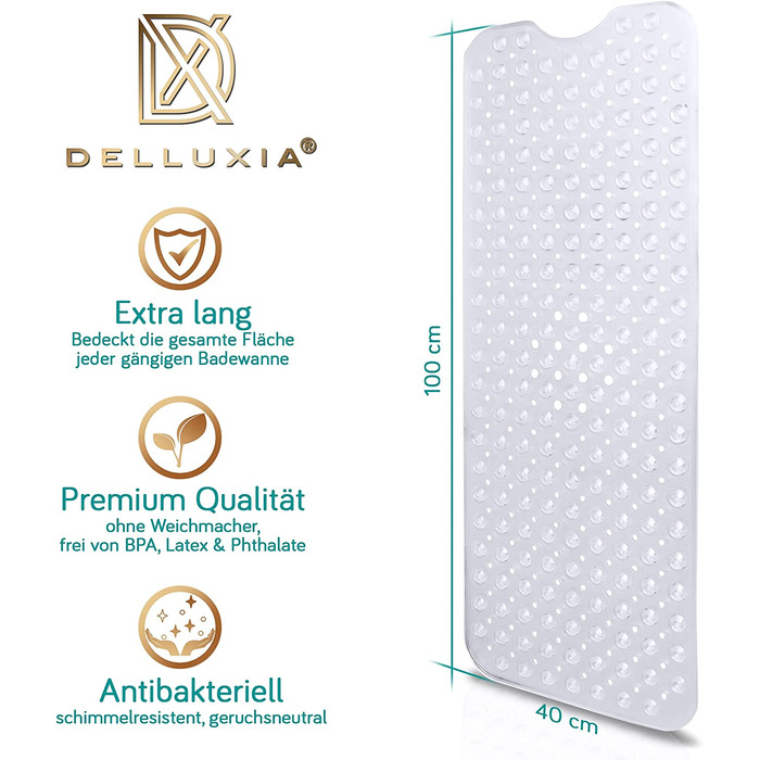 Протиcковзкий килимок для ванни Delluxia 100x40 см, прозорий, BPA-free, з 2 гачками