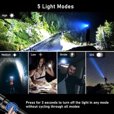 Ліхтарик Blukar LED акумуляторний 20000 люменів, надяскравий, зумований, тактичний, 5 режимів світла, водонепроникний IP67, для кемпінгу, туризму, риболовлі, надзвичайних ситуацій, чорний
