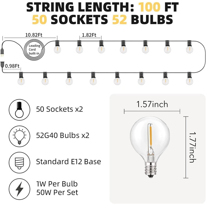 LED гірлянда Bomcosy 60м, G40 для вулиці, 100+4 лампочки, IP44, тепле світло для саду, тераси, вечірки