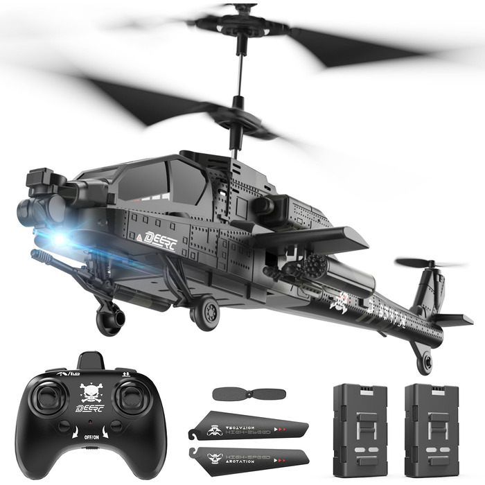 Радіокерований вертоліт DEERC Apache 2.4GHz, 2 акумулятори, 26 хв польоту, LED, стабілізація висоти, автоматичний зліт, чорний – ідеальний подарунок для хлопчиків