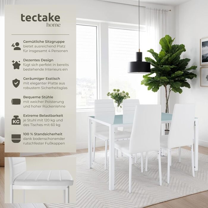 Набір меблів для кухні tectake: стіл та 4 стільці, білий колір, стільниця з безпечного скла, стільці з міцної екошкіри