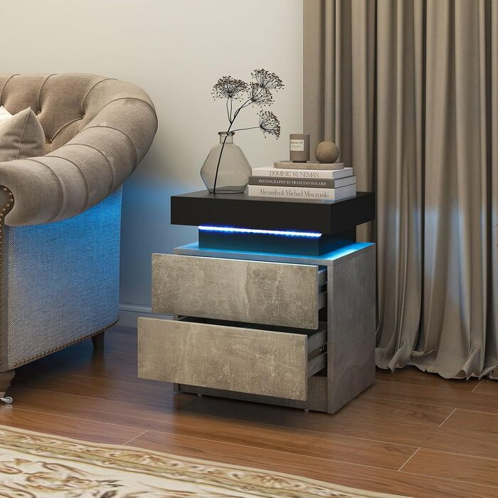 Тумба приліжкова LIFEZEAL з LED підсвіткою, 2 шухляди, 20 кольорів, з пультом, сучасна нічна тумбочка для спальні та вітальні, 45x35x52 см