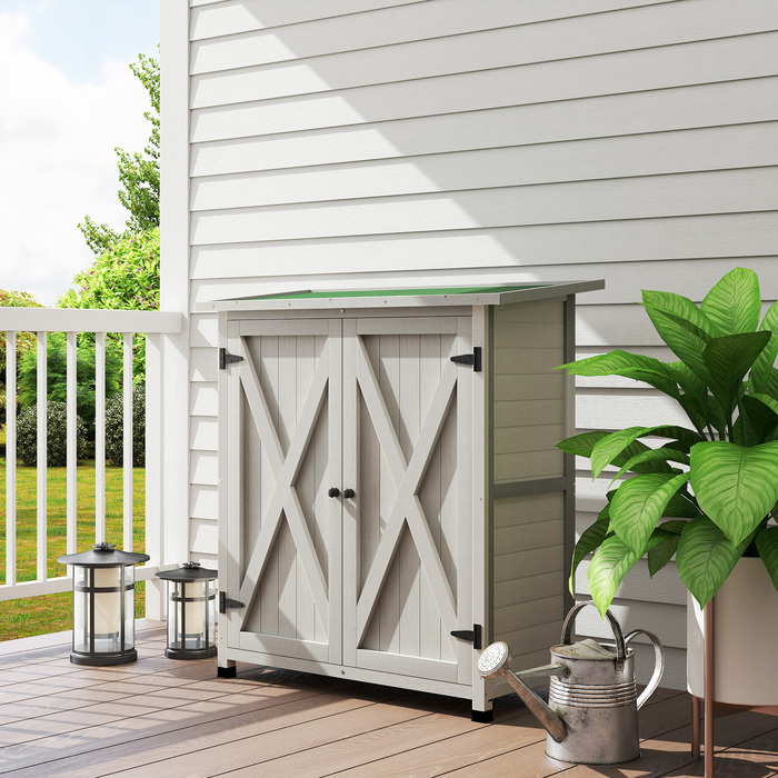 Outsunny Garden Шафа, Дерев'яний сарай для інструментів, Атмосферостійка шафа для інструментів з 2 дверима, Інструментальний будиночок з асфальтовим дахом, Інструментальна шафа для саду, Тераса, 110 x 55 x 117 см, Світло-сірий