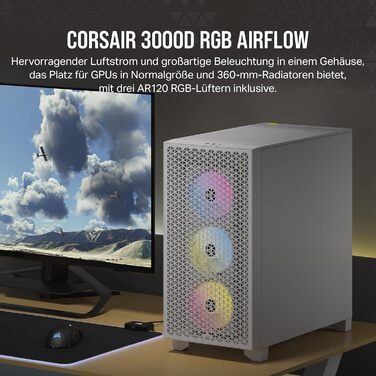 Корпус для ПК CORSAIR 3000D RGB Airflow, середній, білий, з 3 AR120 RGB вентиляторами, підтримка 3-слотової GPU, до 8 вентиляторів 120 мм, високий повітряний потік