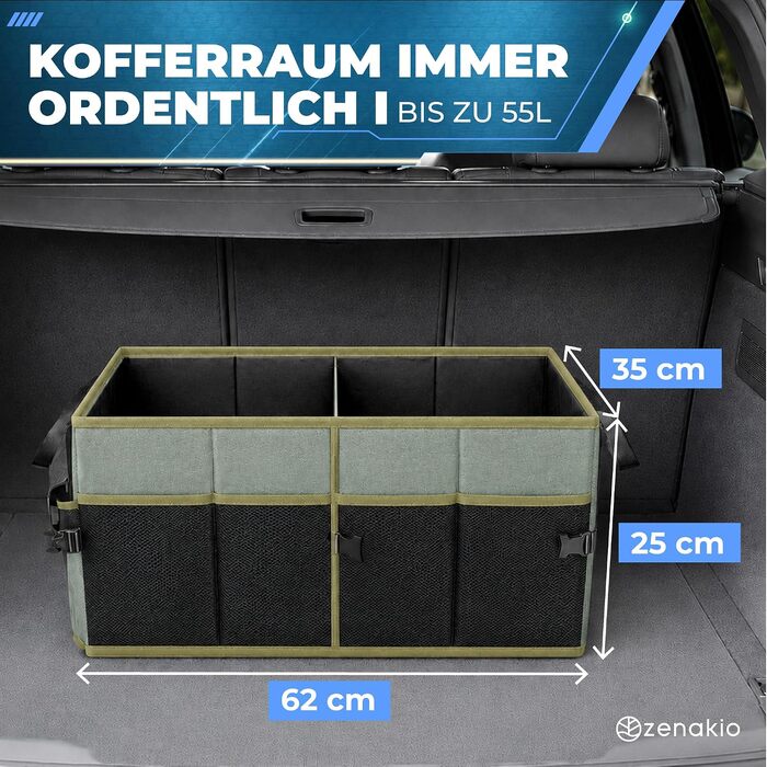 Преміум органайзер у багажник автомобіля з кришкою, складаний та протиковзкий, 62 x 35 x 25 см (Зелений)